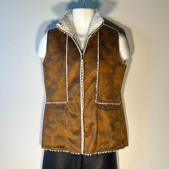 Wooly Bully Wear SZM Brown distressed suede vest sherpa lined boho western retro - Picture 2 of 8